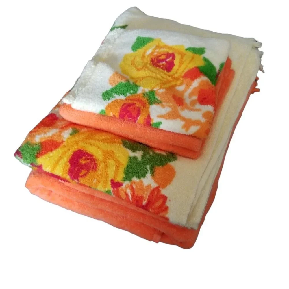 Vintage Towels Cannon Monticello Orange Yellow Bath Set 6 Piece Floral Flowers